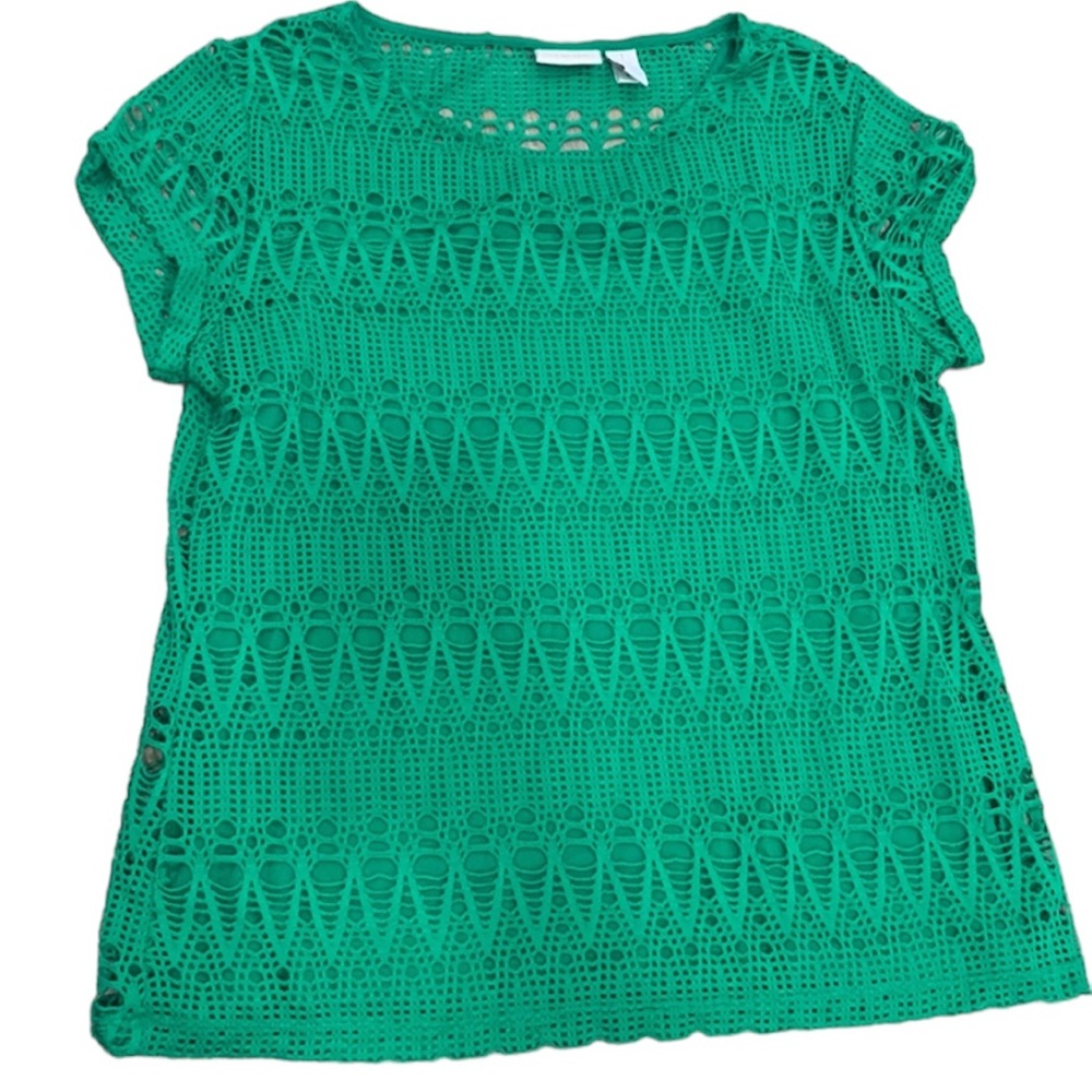 Chico’s Green Lace See Through Lined Short Sleeve Casual Top Blouse Size Medium